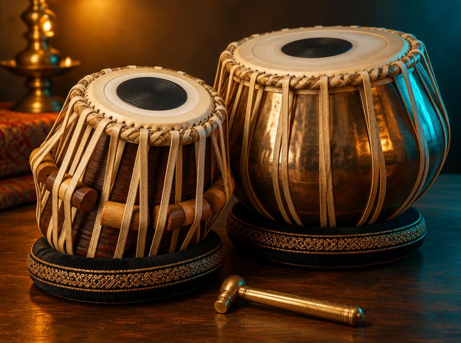 A pair of tabla drums with a brass hammer