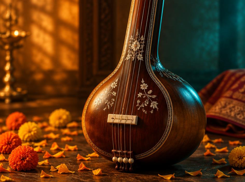 A tanpura adorned with marigold flowers