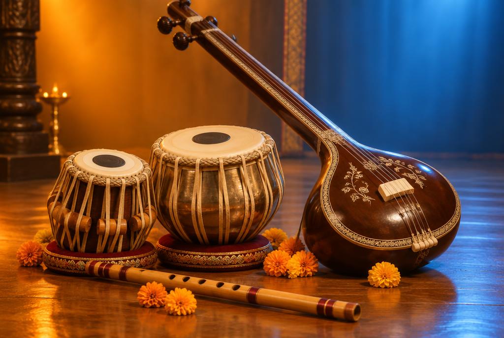Bansuri, tabla and tanpura arranged together on a stage with marigold flowers